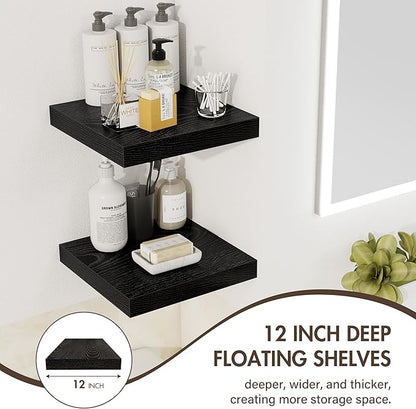 12 Inch Floating Shelves, 12" Deep Floating Shelf Wall Mounted, 12" Wall Shelves, Rustic Deep Bookshelf, Extra Deeper Display Shelves & Storage Shelves for Bedroom, Living Room, Set of 3
