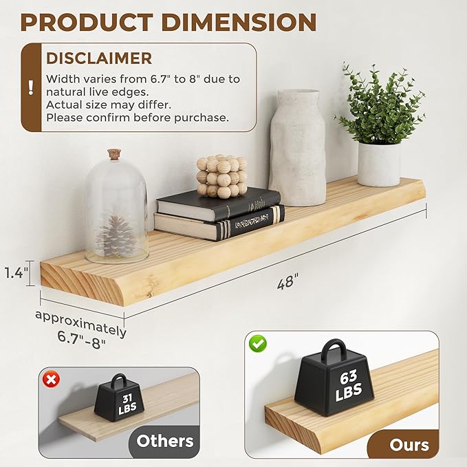 RICHFOCUS Live Edge Wood Floating Shelves for Wall 48" Natural Solid Wood Wall Mounted Shelf|8 Inch Deep Wooden Floating Shelves with Invisible Bracket for Bathroom Kitchen Room|1Pcs, Natural