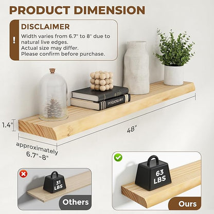 RICHFOCUS Live Edge Wood Floating Shelves for Wall 48" Natural Solid Wood Wall Mounted Shelf|8 Inch Deep Wooden Floating Shelves with Invisible Bracket for Bathroom Kitchen Room|1Pcs, Natural
