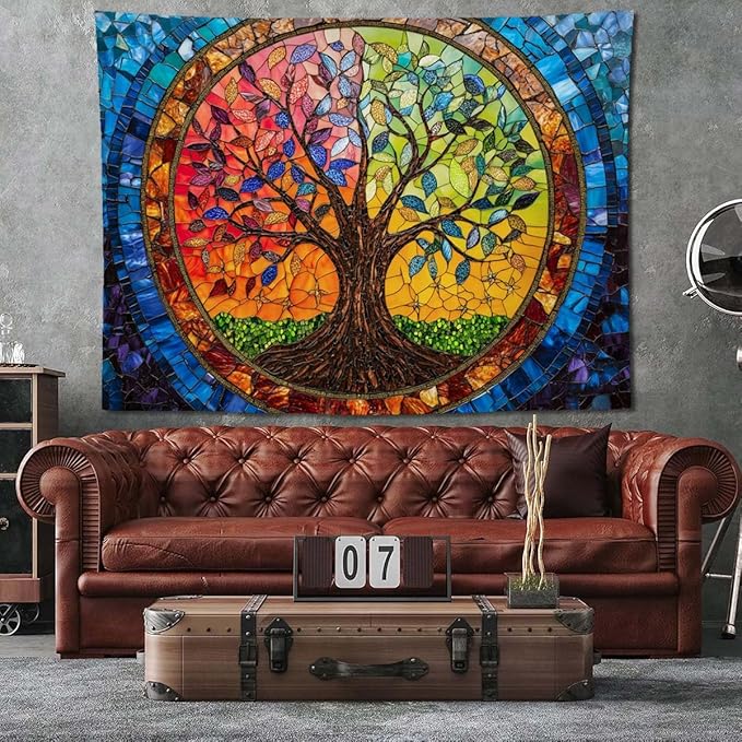 keowhsf Tree of Life Tapestry Wall Hanging – Colorful Stained Glass Look Wall Art with Fantasy Aesthetic, Large Tapestry for Bedroom, Living Room, Home Decor