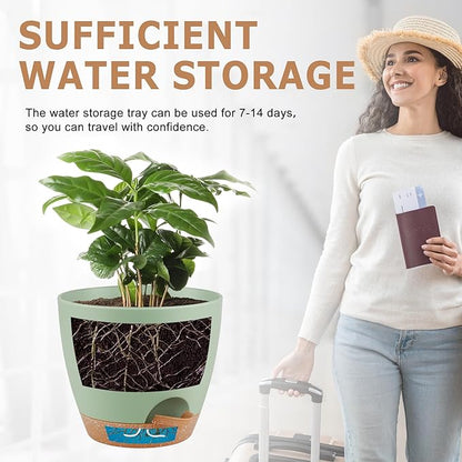 Plant Pots 8/7/6.5/6/5.5/5 Inch Self Watering Pots, Set of 6 Plastic Planters with Drainage Holes and Saucers,Plastic Flower Pots,Nursery Planting Pot for Indoor Out Door Plants（Green）