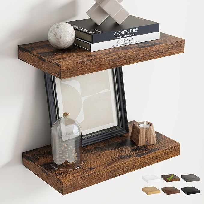 16 Inch Floating Shelves for Wall Set of 2, 8"D Wood Grain Bathroom Shelves with Invisible Brackets, Easy Install Engineered Wood Storage Shelves for Kitchen, Living Room, Bedroom, Rustic Brown Finish