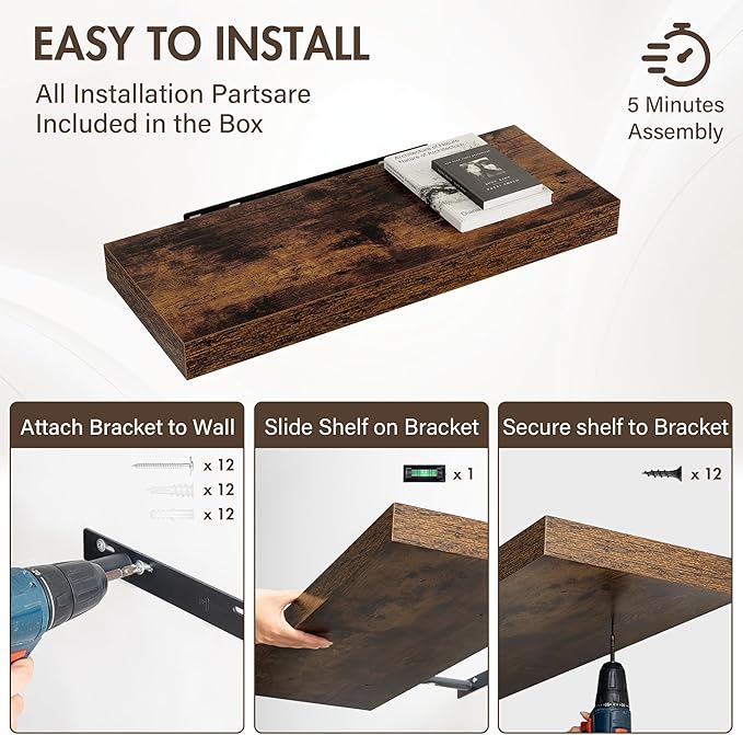 30 Inch Floating Shelves, 12" Deep Floating Shelf Wall Mounted, 30" Wall Shelves, Rustic Deep Bookshelf, Extra Deeper & Thicker Display Shelves for Bedroom, Living Room, Brown, Set of 2