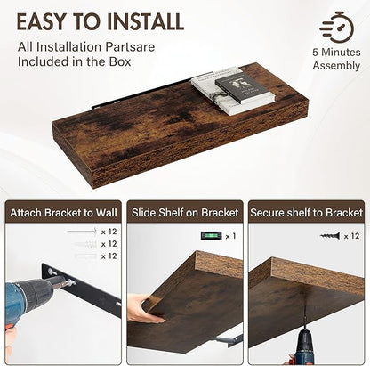 30 Inch Floating Shelves, 12" Deep Floating Shelf Wall Mounted, 30" Wall Shelves, Rustic Deep Bookshelf, Extra Deeper & Thicker Display Shelves for Bedroom, Living Room, Brown, Set of 2