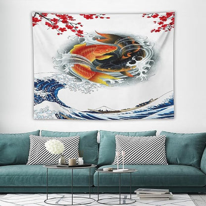 Houselerax Koi Fish Tapestry, Japanese Style Yin Yang Big Wave Cherry Blossoms Tapestries Wall Hanging for Bedroom Living Room Office Decor 80"x60"