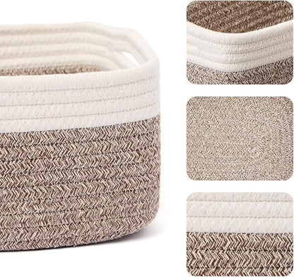 Small Storage Baskets for Organizing | Closet Organizer Bins | Shelf Toy Basket | Woven Rope Baskets | Cube Decorative Box | Shallow Basket | 13x8.5x5.1” | 3 Packs White Brown
