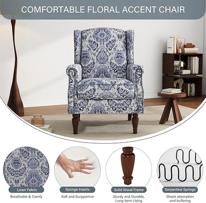UIXE High Back Floral Accent Chairs Set of 2, Upholstered Armchair in Fabric, Retro Printed Wingback Arm Chair for Living Room, Nailhead Trim Single Sofa Bedroom Reading Seat - Navy Blue