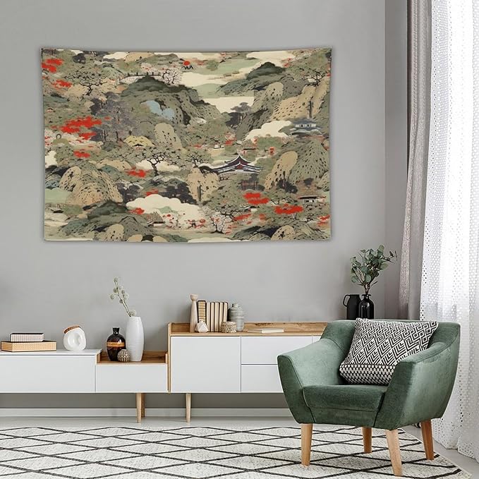Asian Tapestry,Japanese Red Landscape Asian Watercolor Abstract Art Tapestry, Asian Japanese Wall Tapestry, Nature Landscape Tapestries for Bedroom Living Room Decor 90"x60"