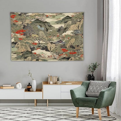 Asian Tapestry,Japanese Red Landscape Asian Watercolor Abstract Art Tapestry, Asian Japanese Wall Tapestry, Nature Landscape Tapestries for Bedroom Living Room Decor 90"x60"