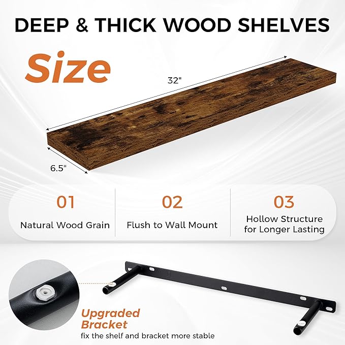 32Inch Floating Shelves for Wall 2 Pack Wood Shelves for Kitchen, Bathroom, Bedroom Wall Mounted Rustic Wood Floating Shelf with Invisible Brackets for Books, Storage, Decor, Rustic Brown