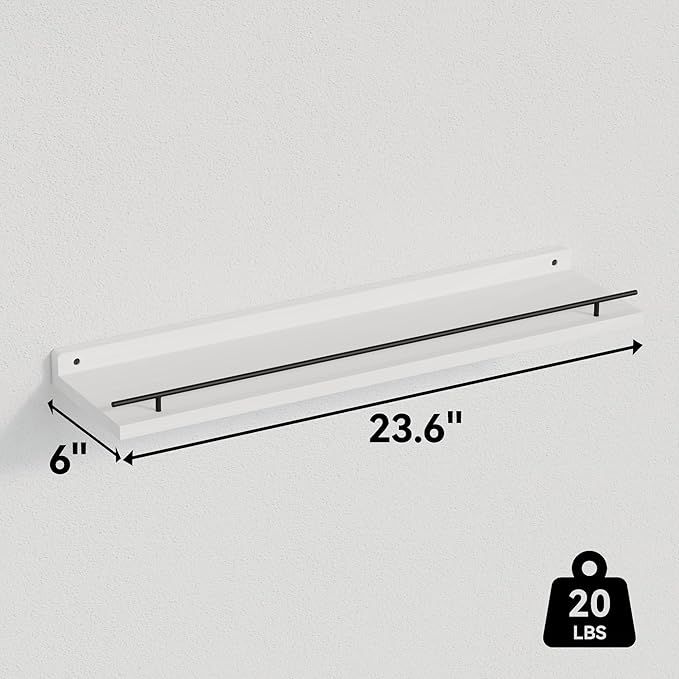 WOPITUES Floating Shelves 24 inch with Gold Metal Guardrail, Shelves for Wall Decor Set of 3, Wall Shelves for Bedroom, Bathroom, Kitchen, Living Room, Plants, Picture Frames, Art- Black and White