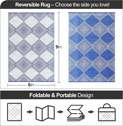 Waterproof Outdoor Rug 6x9ft, Foldable Reversible Plastic Straw Mat for Patio RV Deck Porch Backyard Balcony Camping Picnic Beach Indoor Outdoor Carpet, Blue&White