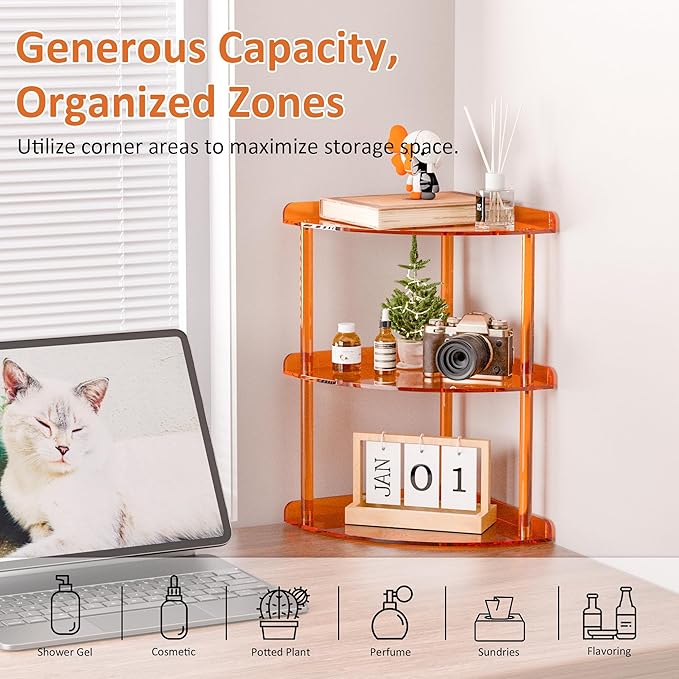 3 Tier Acrylic Corner Shelf Organizer Storage 9.5x9.5x15.7 Inch, Orange Countertop Corner Shelf for Bathroom, Kitchen, Bedroom, Office, Study Room