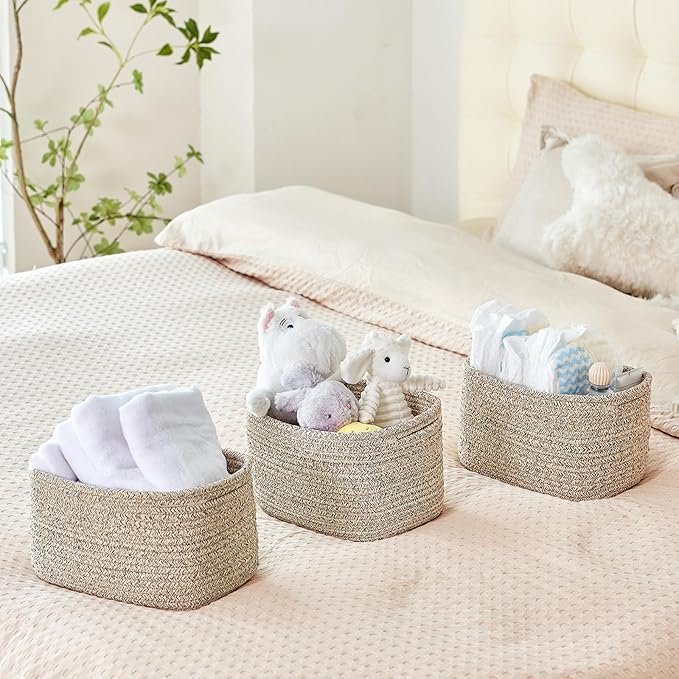 Small Cotton Rope Storage Basket Set of 3-11"x7"x7" Perfect Woven Baskets for Storage, Ideal Storage Baskets for Organizing Toys, Towels, and More - Baskets for Shelves and Home Decor（Beige）