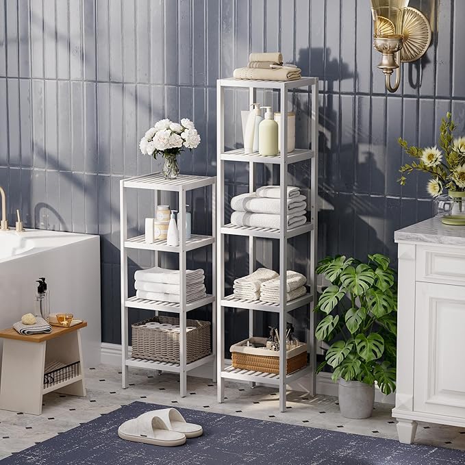 SMIBUY Bathroom Storage Shelf, 4-Tier Bamboo Rack Organizer, Multifunctional Shelving Unit for Living Room Bedroom Kitchen (White)