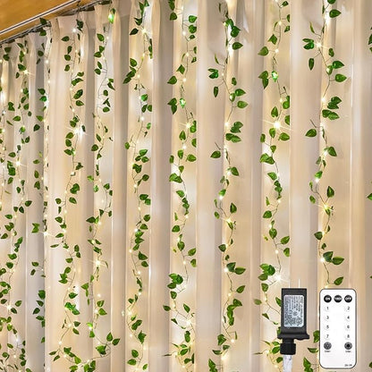 suddus 200 LED Vine with Light Plug in, 6.5ft x 6.5ft Pothos Fairy Curtain Lights with Remote, Leaf Fairy Lights for Wall,Bedroom, Dorm, Wedding, Party, Indoor Decor(Warm White)