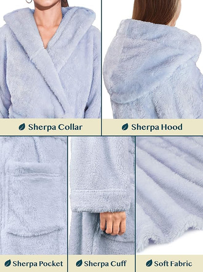 PAVILIA Women Hooded Plush Soft Robe | Fluffy Warm Fleece Sherpa Shaggy Bathrobe