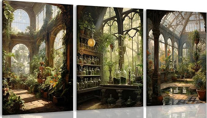 3pcs Framed William Morris Green Plants Canvas Wall Art Medieval Castle Posters Prints Gothictalian Landscape Painting Pictures Paintings Wall Decor for Living Room Bathroom Bedroom Decoration