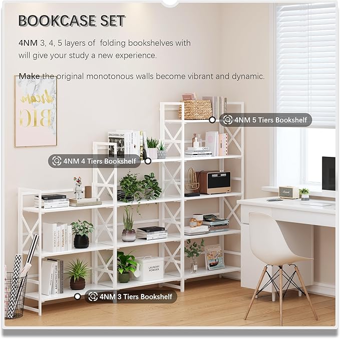4NM 6 Tiers No Assembly Book Shelves, 61.8" H Folding Bookshelf Bookcase Open Industrial Foldable Shelves for Bedroom, Living Room, Home Office - All White