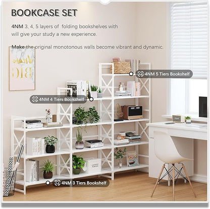 4NM 5 Tiers No Assembly Book Shelves, 51.2" H Folding Bookshelf Bookcase Open Industrial Foldable Shelves for Bedroom, Living Room, Home Office - All White