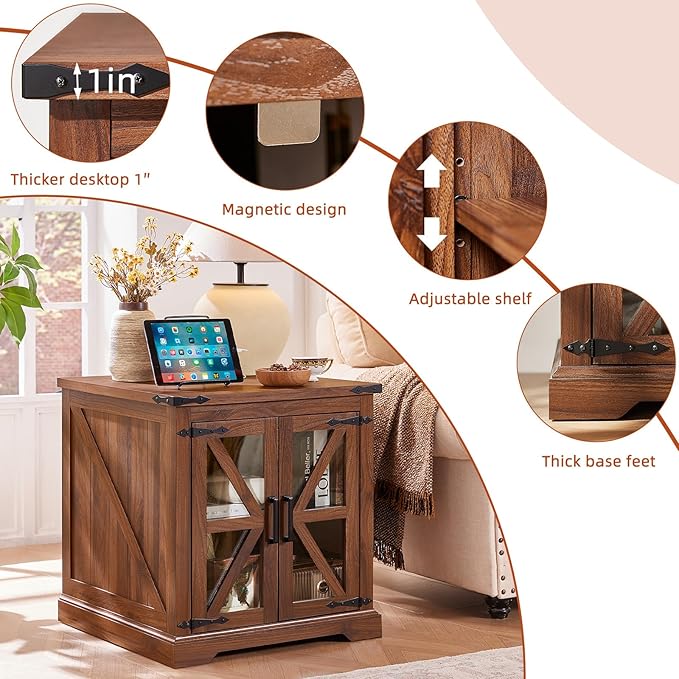 24" End Table with Charging Station, Farmhouse Night Stand with Glass Barn Door, Green Nightstands with Adjustable Storage Shelf, Large Wood Square Bed Side Table for Living Room, Bedroom