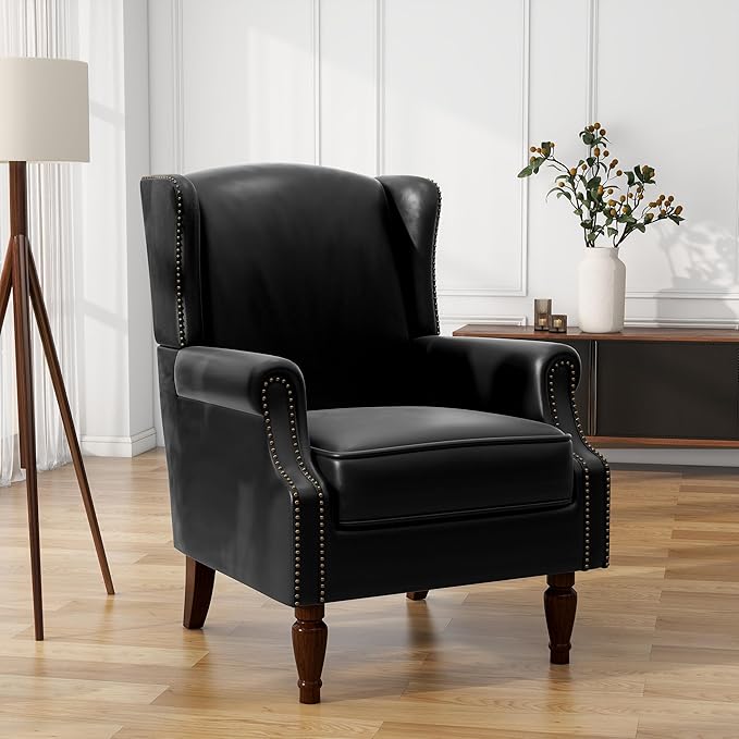 UIXE Faux Leather High Back Accent Chairs Set of 2, Upholstered Armchair for Living Room, Retro Wingback Arm Chair Nailhead Trim Single Sofa Bedroom Reading Seat with Solid Wood Legs - Black