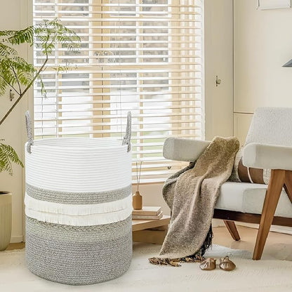 danpinera 79 L Large Laundry Basket, Tall Woven Cotton Storage Hamper with Handles, Dirty Clothes Hamper in Bathroom, Decorative Storage Basket for Living Room Gradient Brown