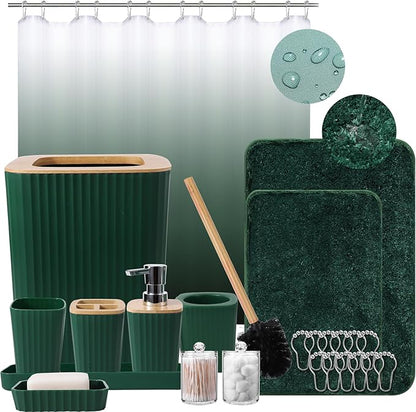 Dark Green Bathroom Accessories Set with Ombre Shower Curtain and Bathroom Rugs,Bathroom Sets with Trash Can,Toothbrush Holder and Cup,Soap Dispenser,Tray,Soap Dish,Toilet Brush,Qtip Holders