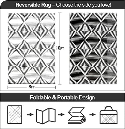 Waterproof Outdoor Rug 8x10ft, Foldable Reversible Plastic Straw Mat for Patio RV Deck Porch Backyard Balcony Camping Picnic Beach Indoor Outdoor Carpet, Black&White