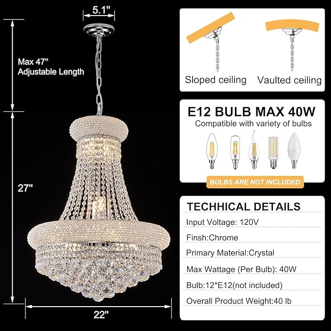 12 - Light Unique Empire Crystal Chandelier for Foyer Entrance Living Room Dining Room Bedroom Entryway Chrome Finish
