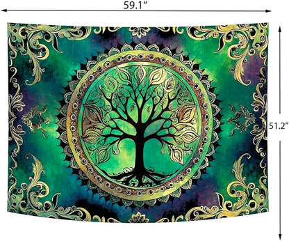 Delur Tree of Life Tapestry Green Nature Bohemian Mandala Spiritual Tapestry Wall Hanging Mystical Landscape Hippie Psychedelic Headboard for Bedroom Living Room Home Decor (51.2" x 59.1")