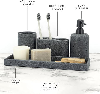 ZCCZ - Black Bathroom Accessories Set 4 Pcs - Toothbrush Holder, Soap Dispenser, Vanity Tray, Bathroom Tumbler - Countertop Vanity Organizer - Bathroom Accessory Set- Toothbrush Holder Set, Stone Sets