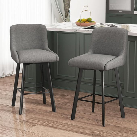 Swivel Bar Stools Set of 2, 26''H Upholstered Barstools with Backs, Modern Counter Height Bar Stool Chairs for Kitchen Island, Metal Legs, Fabric, Gray Counter Stools