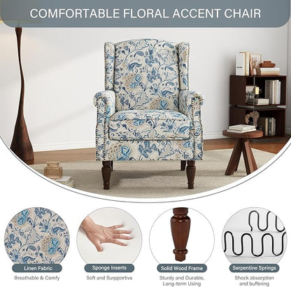 UIXE High Back Floral Accent Chair, Fabric Upholstered Armchair for Living Room, Retro Printed Wingback Arm Chair Nailhead Trim Single Sofa Bedroom Reading Seat - Boho Blue