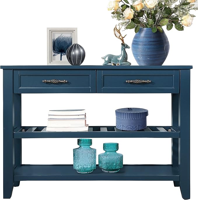 Solid Wood Console Table Entryway Table with Storage Drawers and Shelves Sofa Table for Entry Hallway Foyer(42" Navy Blue)