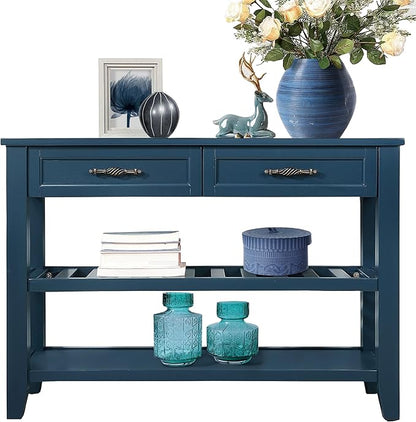 Solid Wood Console Table Entryway Table with Storage Drawers and Shelves Sofa Table for Entry Hallway Foyer(42" Navy Blue)