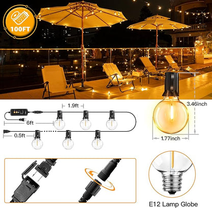 Outdoor Lights with Remote Dimmer, 50 + 3 Spare G40 LED Bulbs Plug in Connectable Patio Light, Waterproof Hanging Lights for Backyard Indoor Camping Balcony Yard Deck Decor (100 FT)