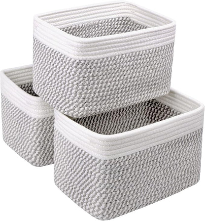Small Cotton Rope Storage Basket Set of 3-11"x7"x7" Perfect Woven Baskets for Storage, Ideal Storage Baskets for Organizing Toys, Towels, and More - Baskets for Shelves（White & Mixed Grey）