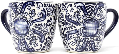 Encantada Handmade Hand-Painted Authentic Mexican Pottery Mugs (Cobalt Blue Flower X2)