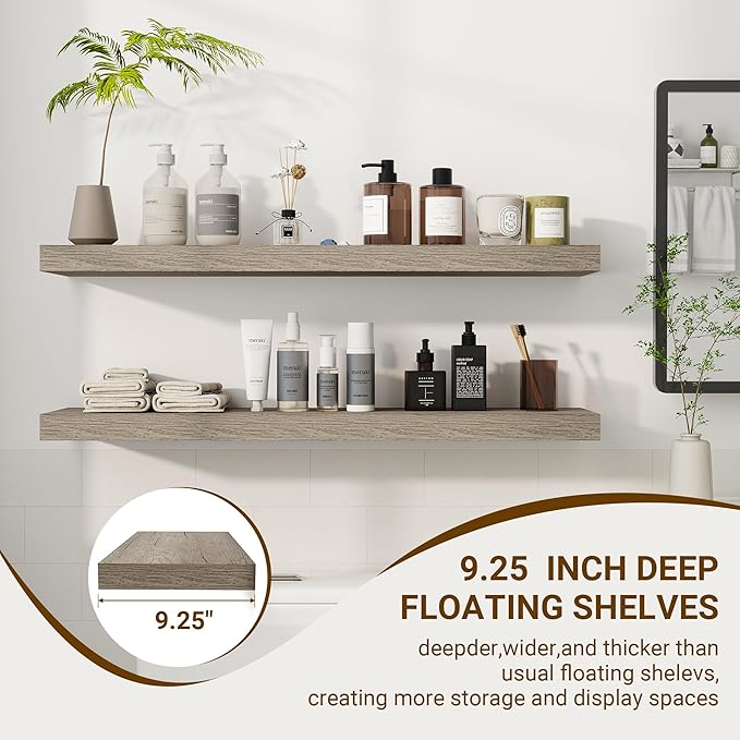 36 Inch Floating Shelves, 3D Textured Wood Grain, 36"x9.25"x1.5" Inch Deep Floating Shelves for Wall, Wooden Shelves for Bathroom, Bedroom, Living Room, Vintage Gray Oak, 2 Pieces