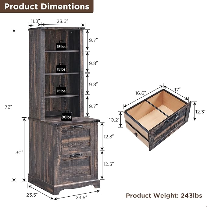 RedLemon Bookcase with 2 File Drawers, 72" Tall Farmhouse Bookshelf with Storage and Adjustable Shelves, 4 Tier Rustic Wood Bookshelf with Cabinet for Home Office, Living Room (Dark Rustic Oak)