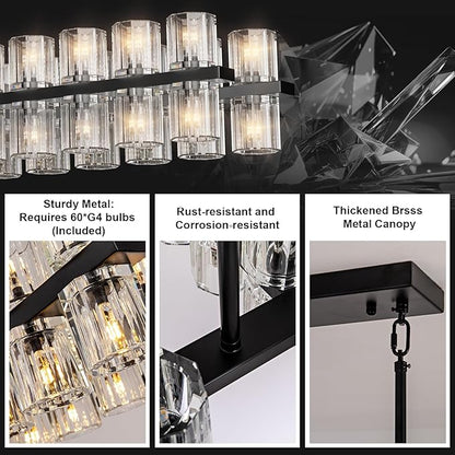 Crystal Black Rectangular Chandelier Light Fixture,54 in Dining Room Chandeliers Over Table,Modern Chandeliers For Living Room,Arcachon Chandelier,Kitchen Island Chandeliers Includes 60xG4 Bulbs