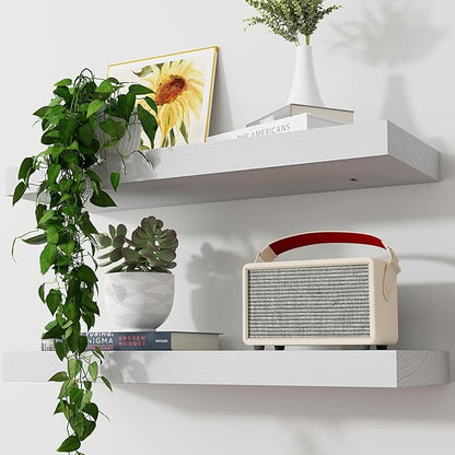 Axeman Floating Shelves, 2 Pack 8 Inch Deep Rustic Solid Wood Wall Shelves for Storage, Wall Mounted Display Shelving with Invisible Heavy-Duty Metal Bracket, 24" W x 8" D x 1.6" H, Distressed White