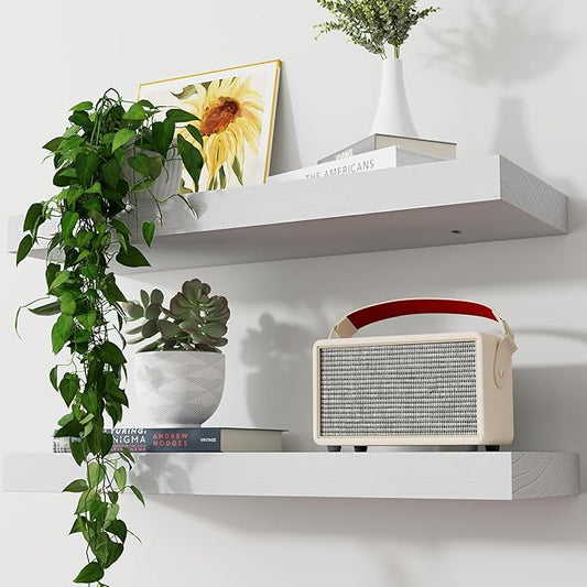 Axeman Floating Shelves, 2 Pack 8 Inch Deep Rustic Solid Wood Wall Shelves for Storage, Wall Mounted Display Shelving with Invisible Heavy-Duty Metal Bracket, 24" W x 8" D x 1.6" H, Distressed White