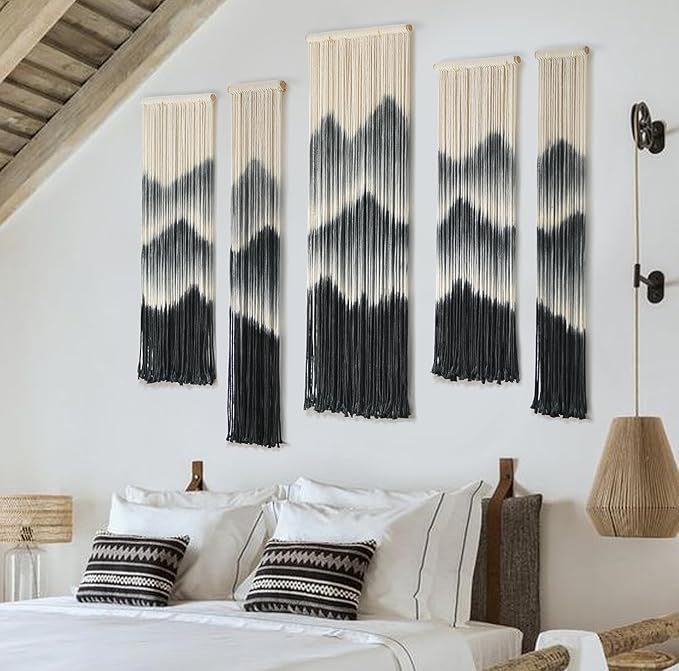 IOWER Large Macrame Wall Hanging 5Pcs Handmade Dip-Dyed Mountain Wall Decor Combination Suspension Bedroom Living Room Modern Fiber Yarn Wall Art