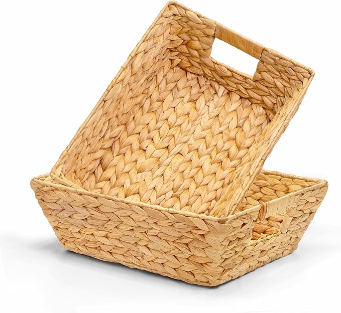 Set of 2 Snack Baskets, Wicker Snack Basket Organizer for Office, Small Wicker Baskets with Handles, (2 Medium Basket)