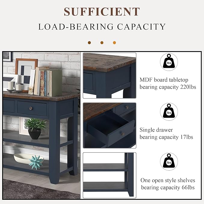 Solid Wood Console Table Sofa Table with Storage Drawers and Bottom Shelf Entryway Table for Entry Hallway Foyer Sofa Couch Table Fully Assembled (48.8" Blue)