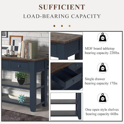 Solid Wood Console Table Sofa Table with Storage Drawers and Bottom Shelf Entryway Table for Entry Hallway Foyer Sofa Couch Table Fully Assembled (48.8" Blue)