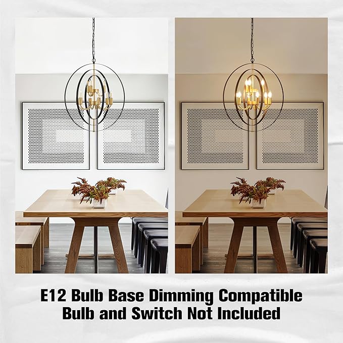 9-Light Globe Rustic Metal Chandelier, 23.6" Black Gold Adjustable Hanging Ceiling Pendant Light Fixture for Entryway Foyer Stairway Bedroom Dining Living Room Hallway