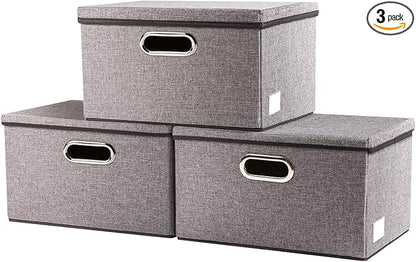 PRANDOM Storage Bins with Lids [3-Pack] Linen Fabric Foldable Storage Boxes Organizer Containers Baskets Cube with Cover for Home Bedroom Closet Office Nursery Grey（11.4X8.6X6.7